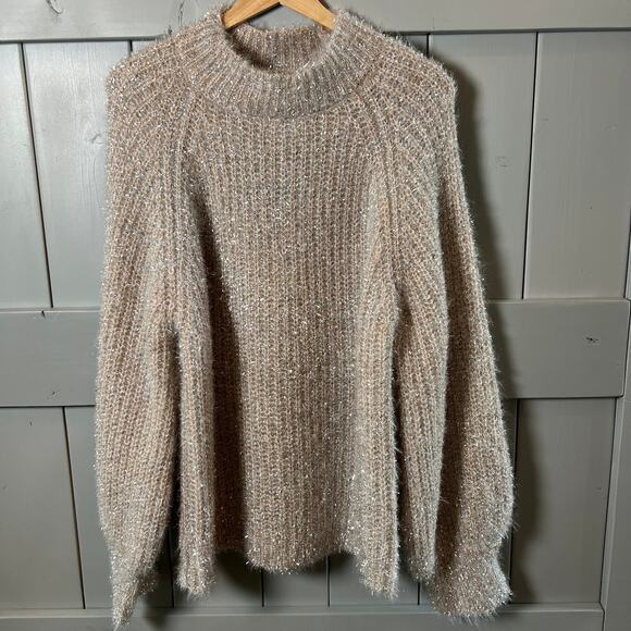 See and Be Seen Women's Silver Metallic and Tan Eyelash Sweater Size L NEW - Picture 4 of 8